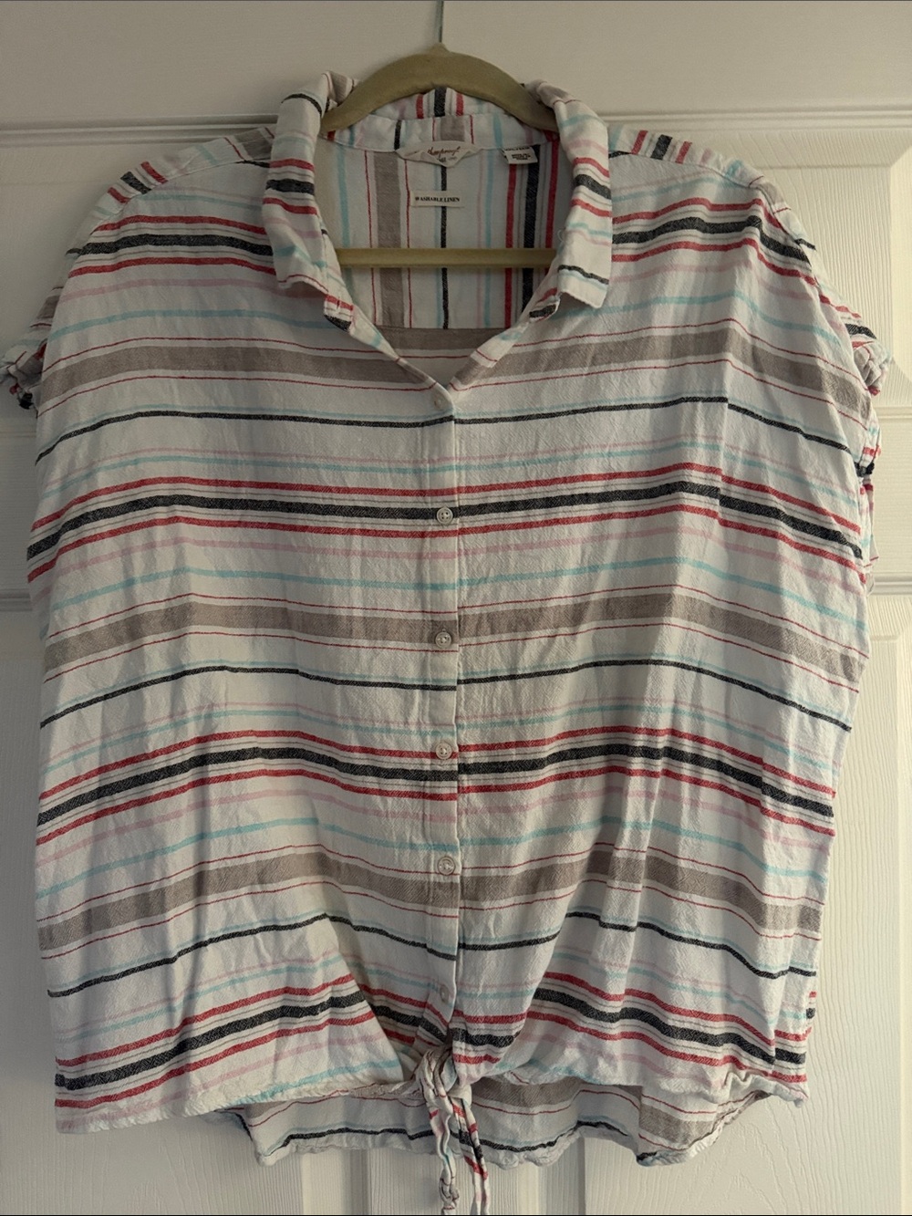 Weatherproof Women’s Button-Front Shirt with Red, Navy & Light Blue Stripes